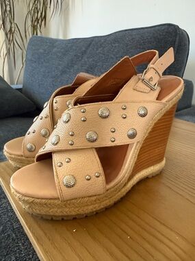 Rebecca Minkoff Studded Nude Leather Espadrille Wedge Sandals